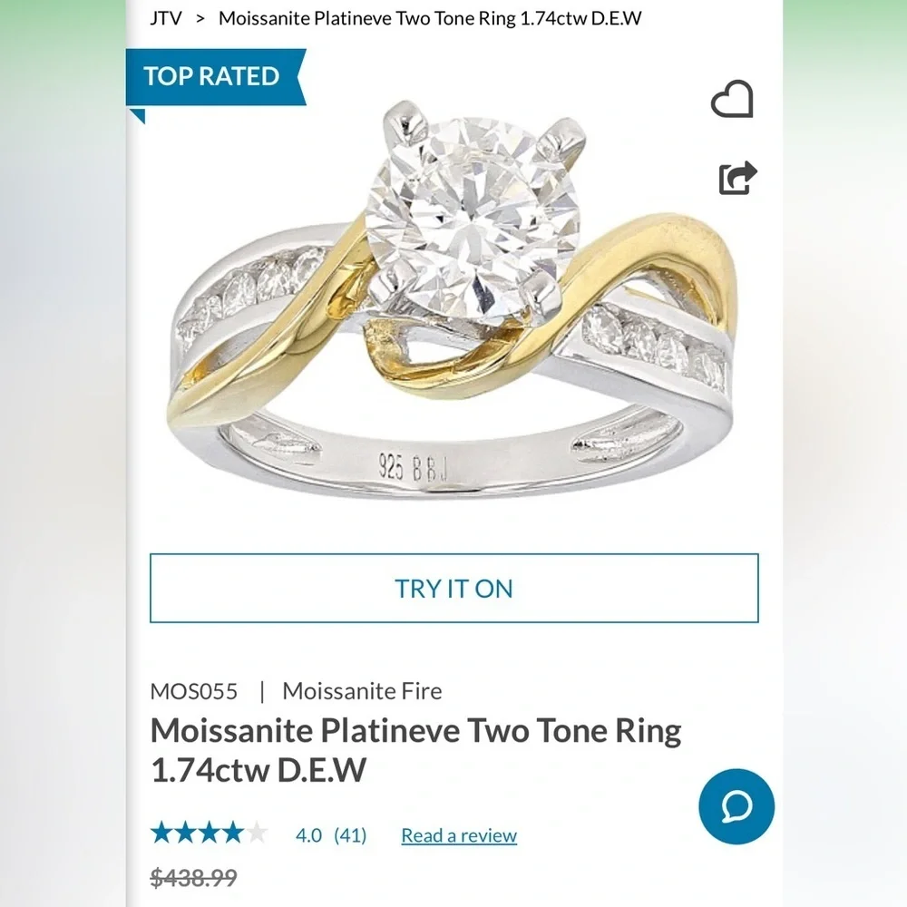 Moissanite Fire Ring Two Tone Crossover 14K Yellow Gold Over 925 Silver Size 7